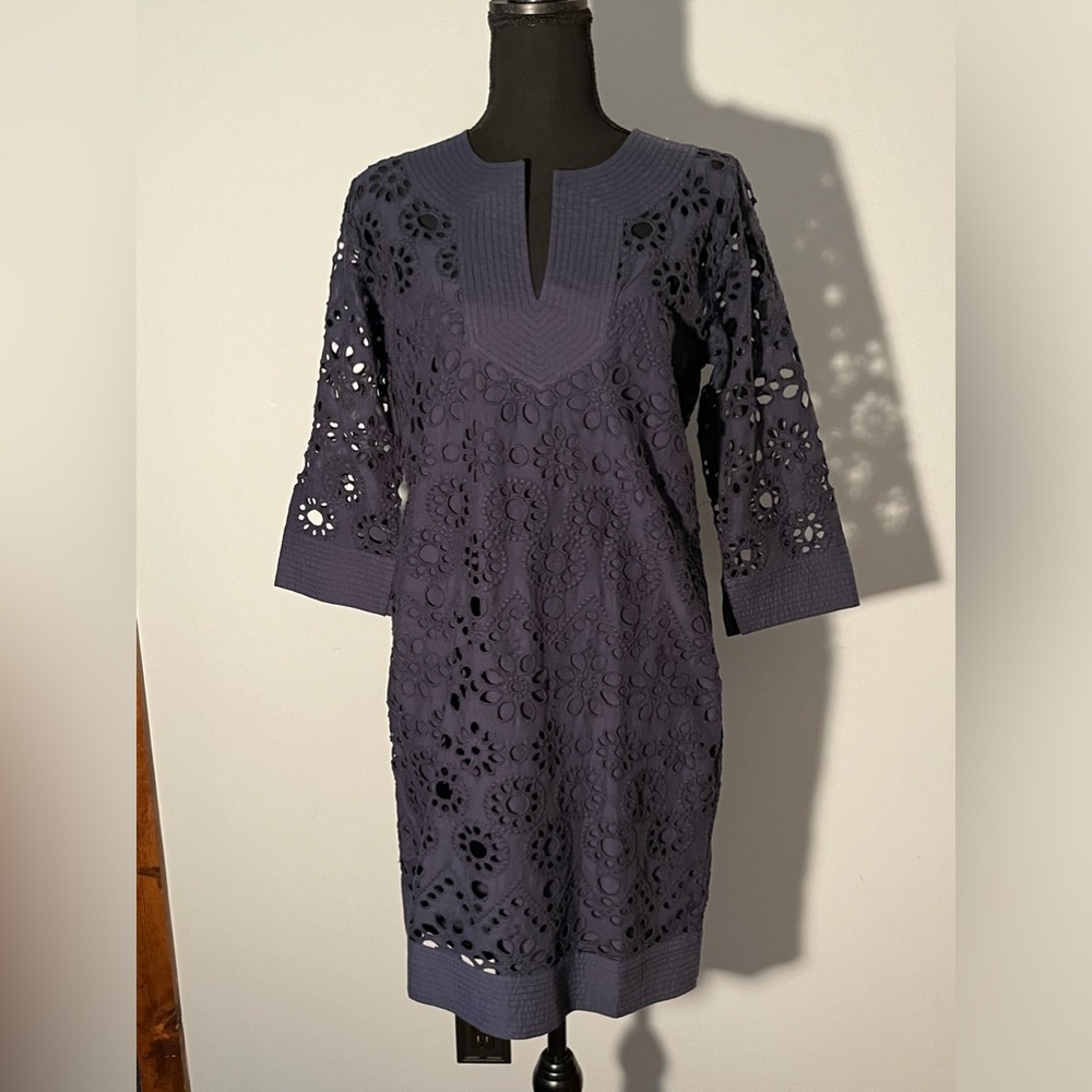 Gretchen Scott Eyelet Embroidered Lace Floral Cotton Tunic Dress Blue Sz S
